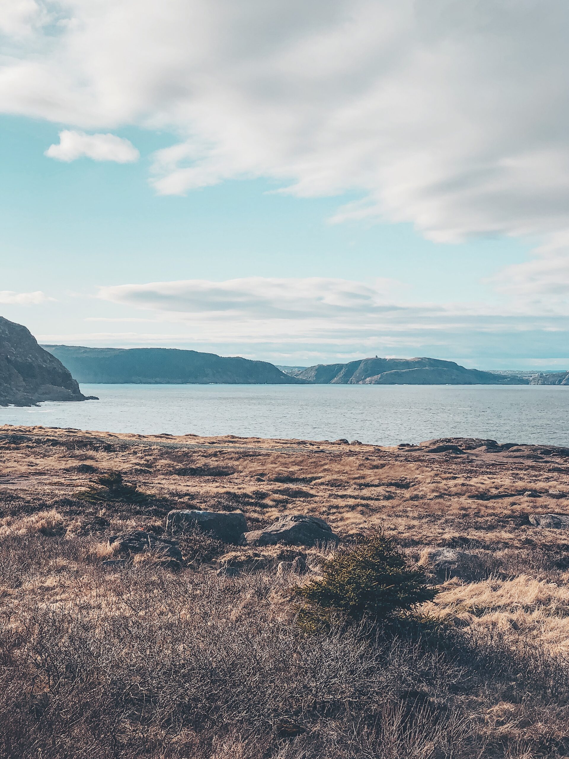 A photo of the land just before the ocean, with a very small view of Signal Hill and Cabot Tower in the background.