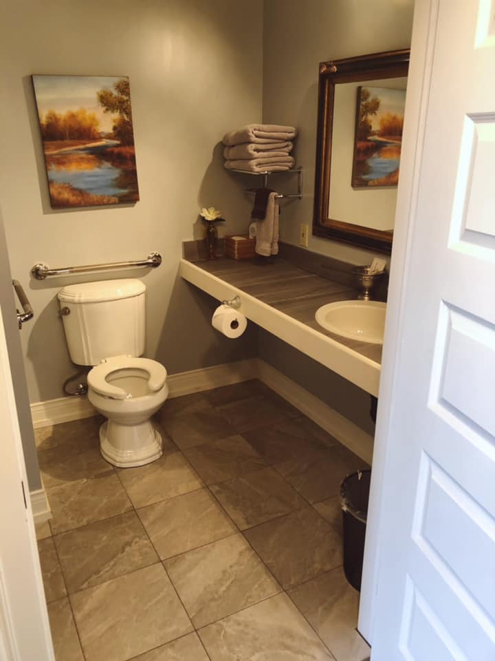 A photo of the bathroom in the accessible suite. There is an accessible bathroom counter, a toilet and grab bars.
