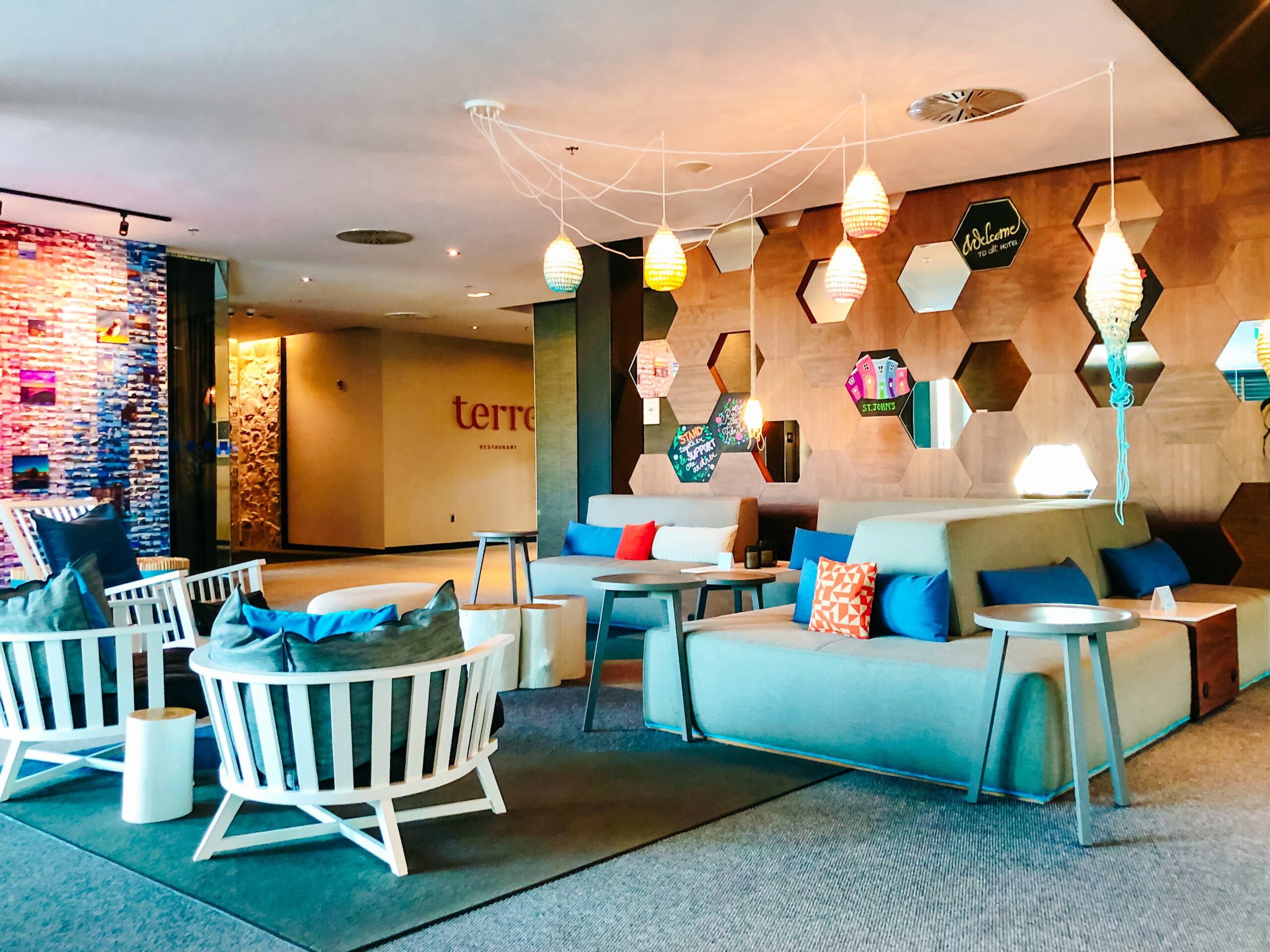 A photo of the colourful lobby at Alt Hotel.