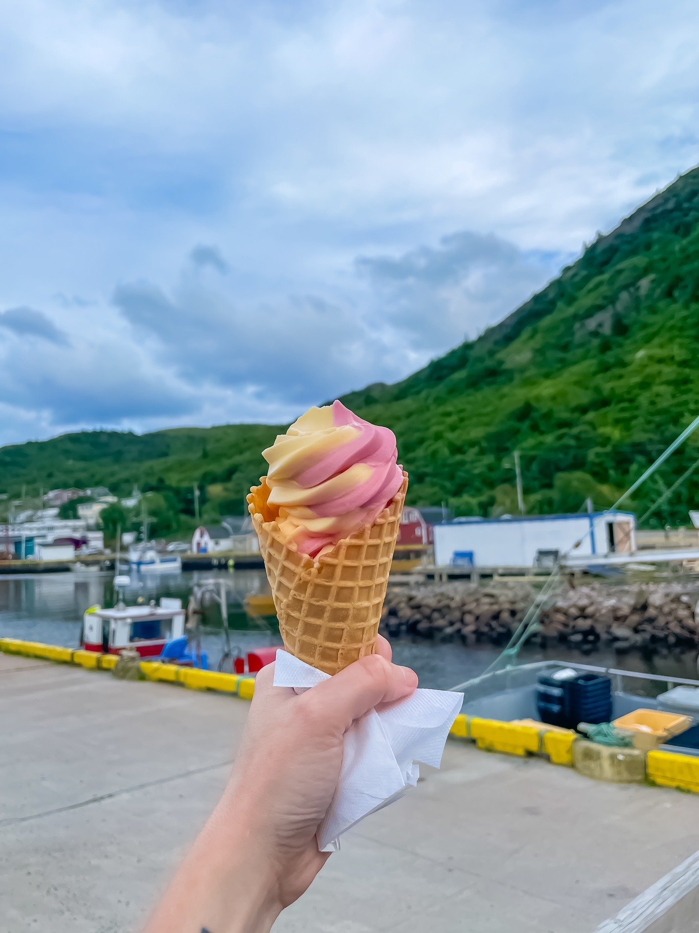 A hand is holding a waffle cone with pineapple and raspberry dole whip in it. In the background is the harbourfront area of Petty Harbour. 