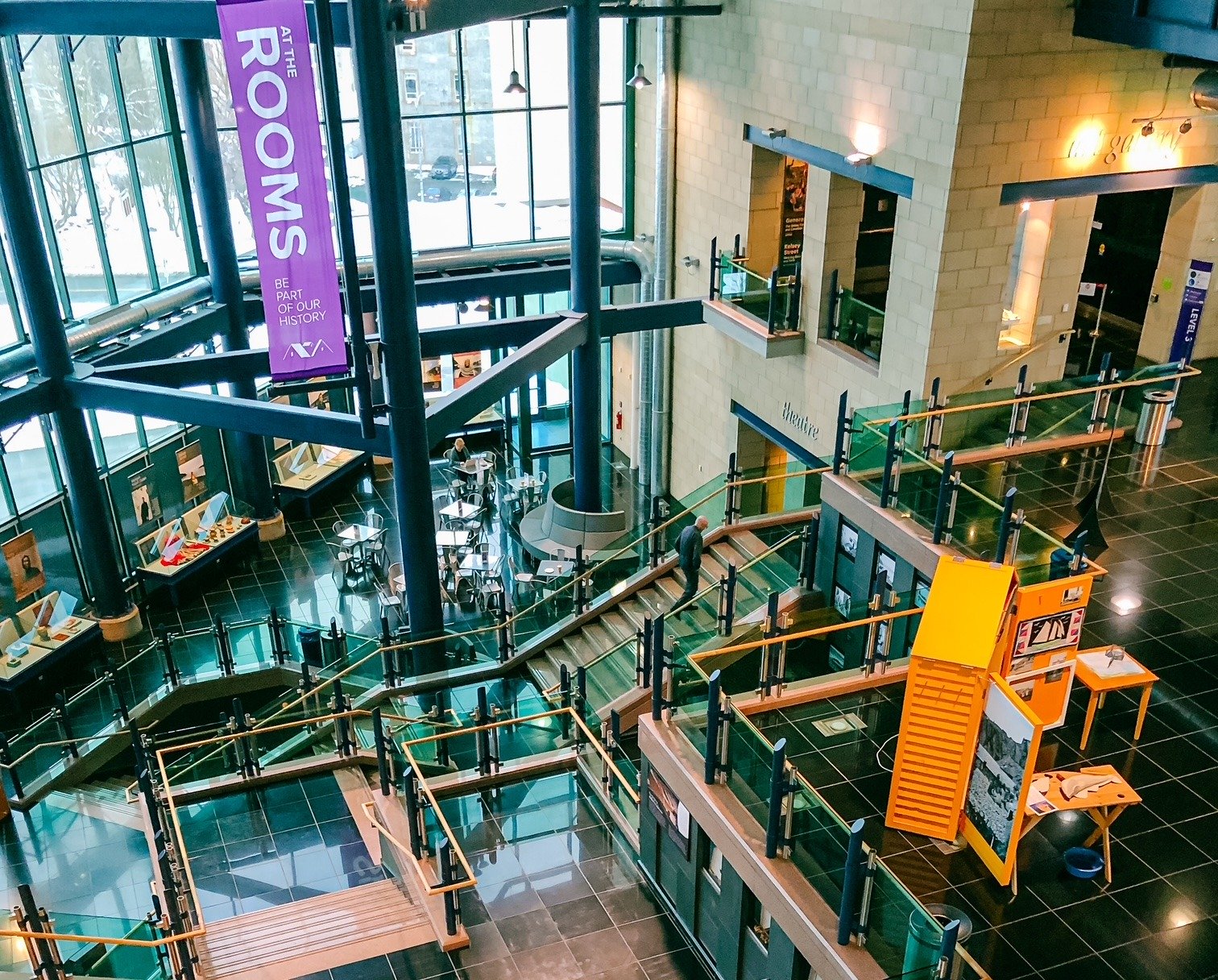 A photo taken of the interior of The Rooms from the top floor looking down. 