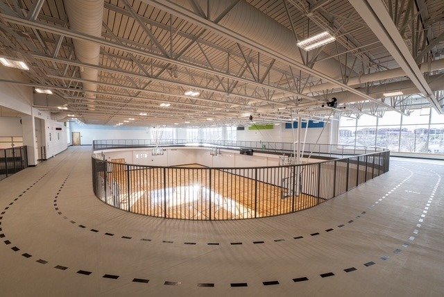A three lane walking track overlooking the gymnasium.